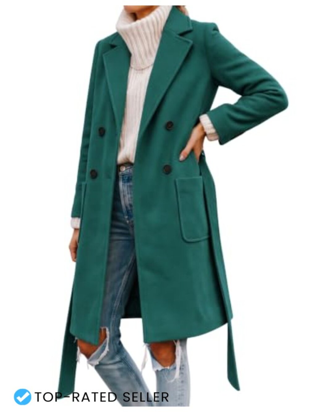 Women's Double Breasted Wool Blend Peacoat Notched Lapel Belted Trench Coat